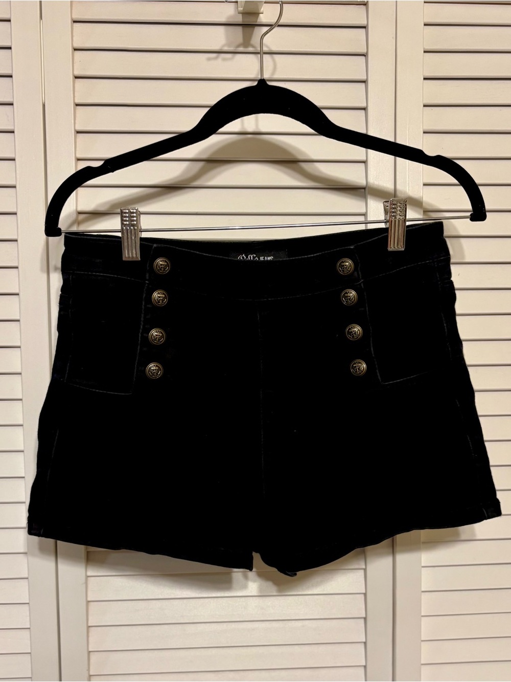 Cello Black High-Waist Sailor Button Short Shorts in Stretch Denim